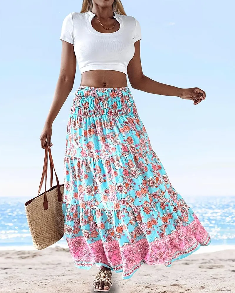 Women's 2025 Summer Boho Maxi Skirt Casual Floral High Waist A Line Long Pleated Beach Skirts