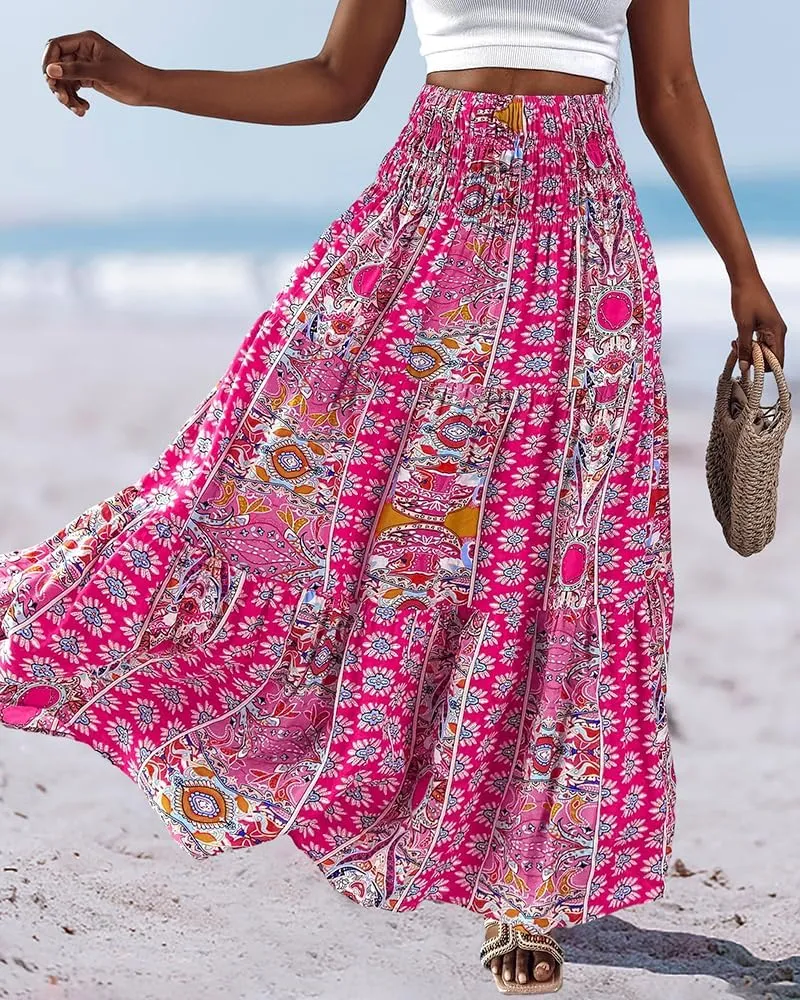 Women's 2025 Summer Boho Maxi Skirt Casual Floral High Waist A Line Long Pleated Beach Skirts