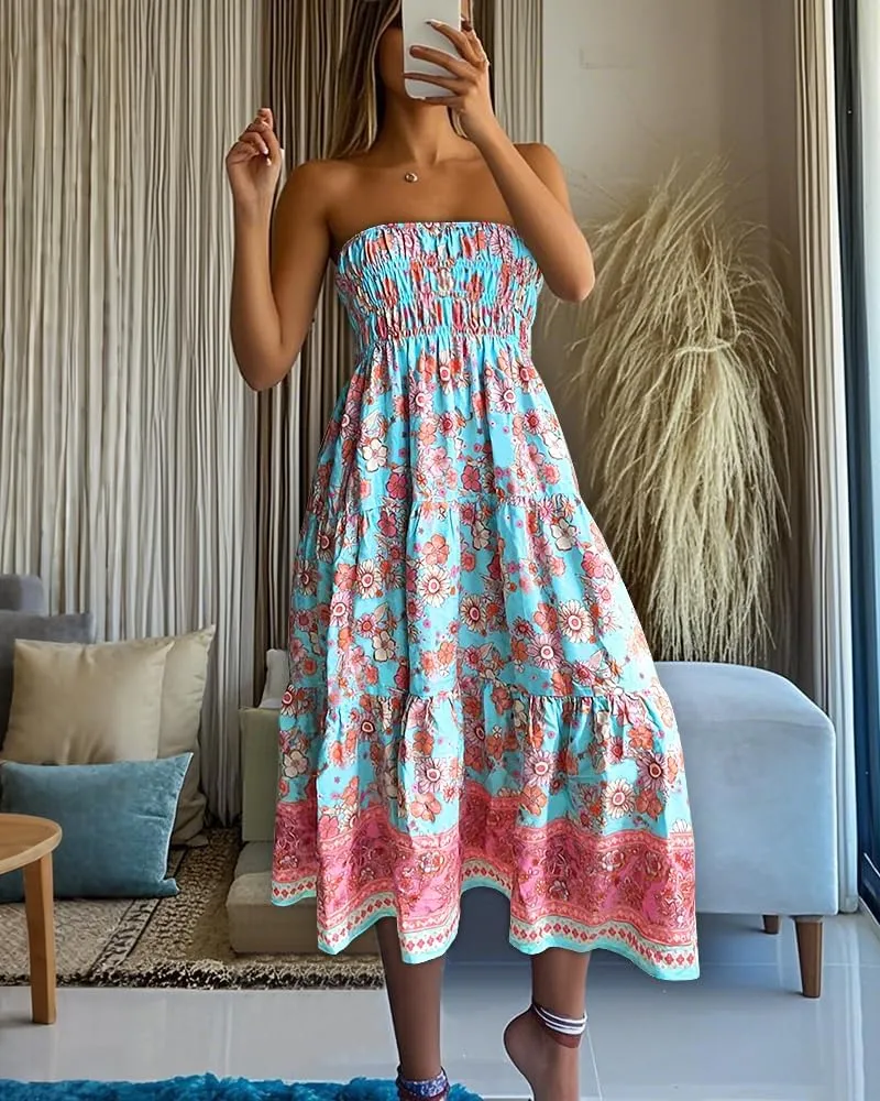 Women's 2025 Summer Boho Maxi Skirt Casual Floral High Waist A Line Long Pleated Beach Skirts