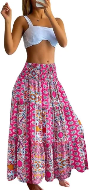 Women's 2025 Summer Boho Maxi Skirt Casual Floral High Waist A Line Long Pleated Beach Skirts