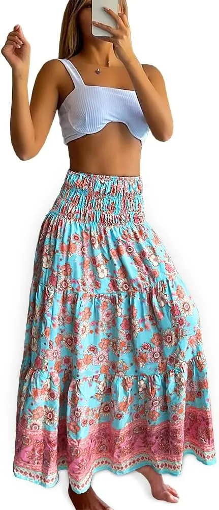 Women's 2025 Summer Boho Maxi Skirt Casual Floral High Waist A Line Long Pleated Beach Skirts