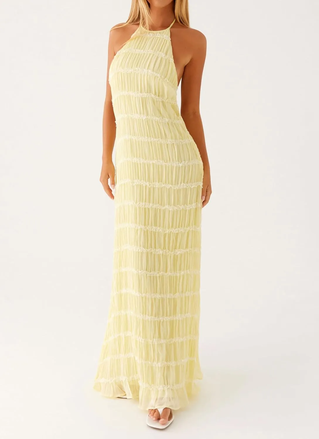 Women's Backless Smocked Maxi Dress Sexy Spaghetti Strap Cut Out Flowy Beach Long Dress Vacation Casual Sundresses