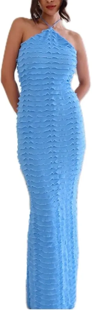Women's Backless Smocked Maxi Dress Sexy Spaghetti Strap Cut Out Flowy Beach Long Dress Vacation Casual Sundresses
