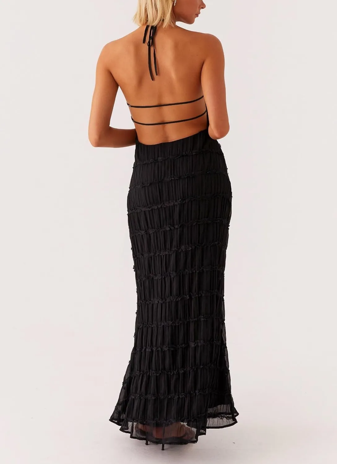 Women's Backless Smocked Maxi Dress Sexy Spaghetti Strap Cut Out Flowy Beach Long Dress Vacation Casual Sundresses