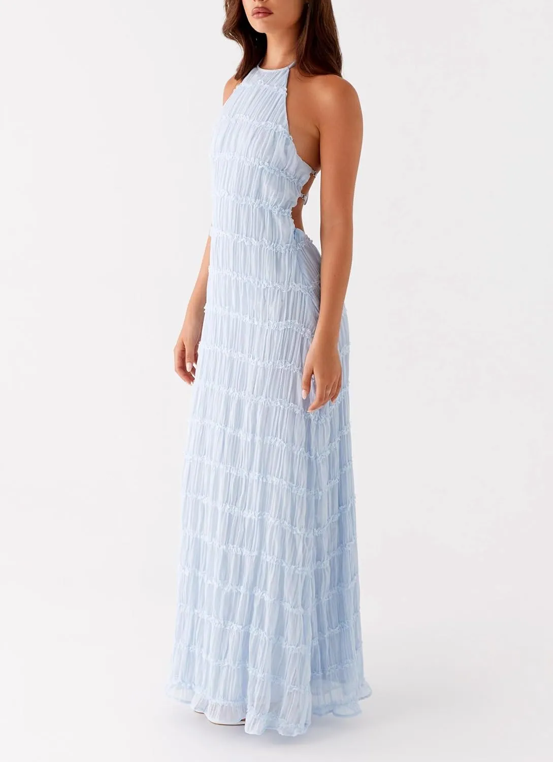 Women's Backless Smocked Maxi Dress Sexy Spaghetti Strap Cut Out Flowy Beach Long Dress Vacation Casual Sundresses