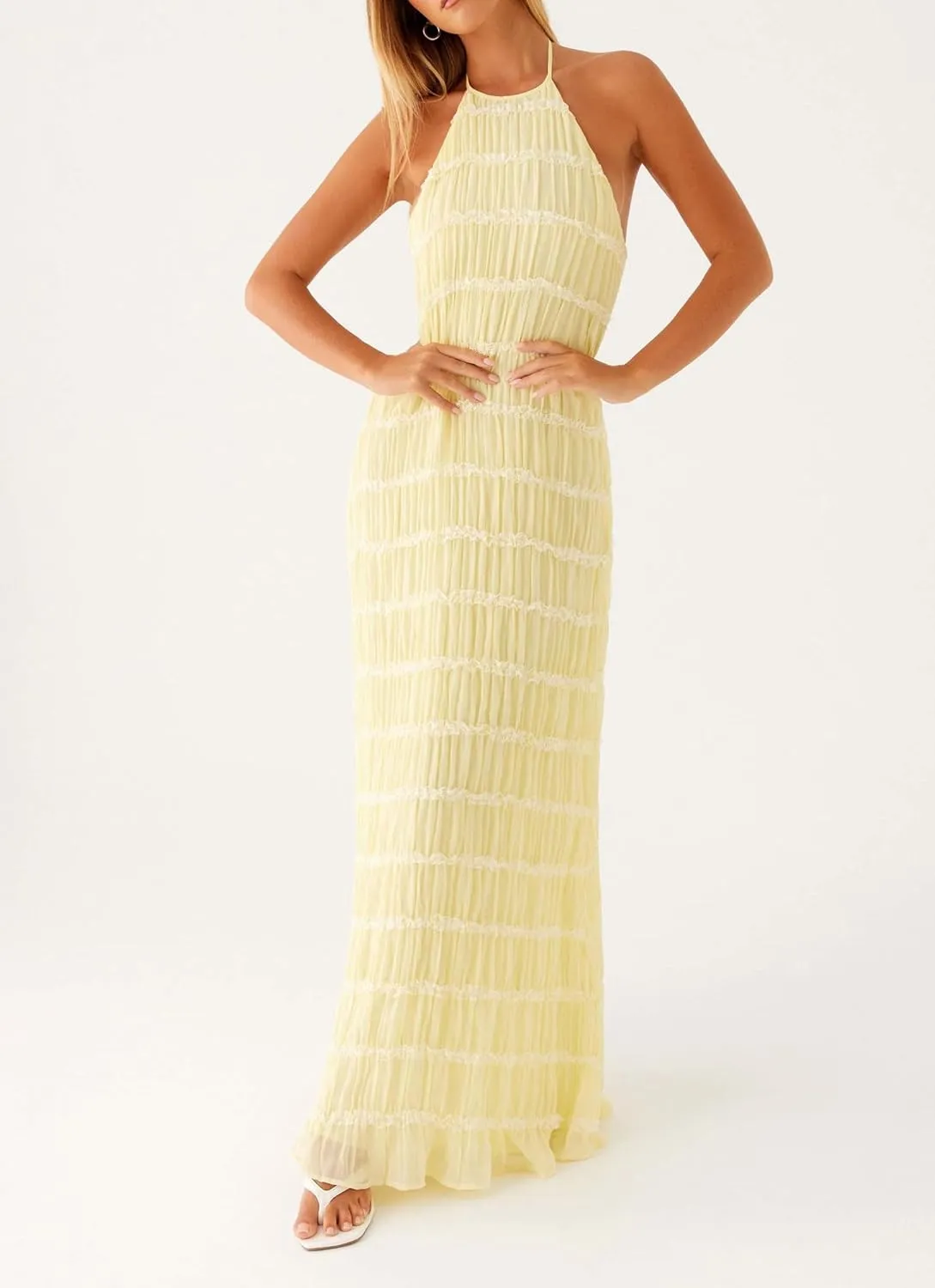 Women's Backless Smocked Maxi Dress Sexy Spaghetti Strap Cut Out Flowy Beach Long Dress Vacation Casual Sundresses