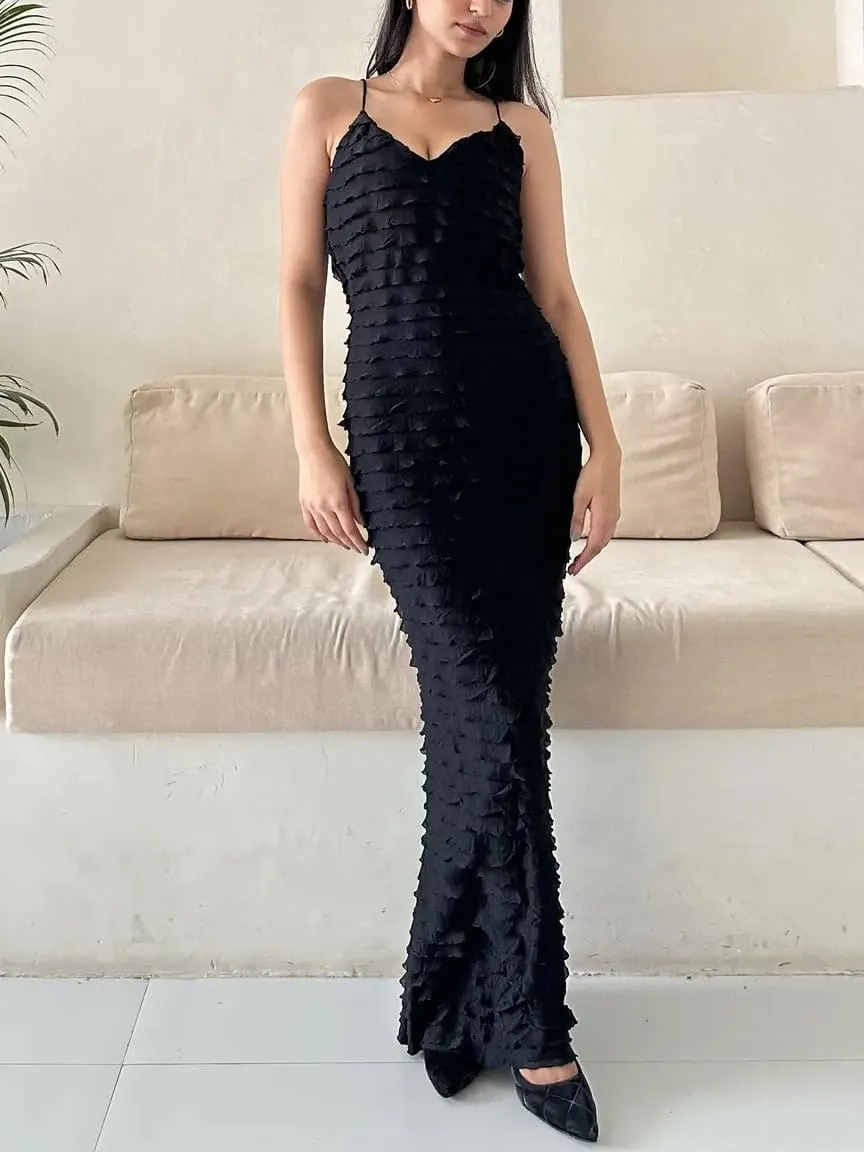 Women's Backless Smocked Maxi Dress Sexy Spaghetti Strap Cut Out Flowy Beach Long Dress Vacation Casual Sundresses