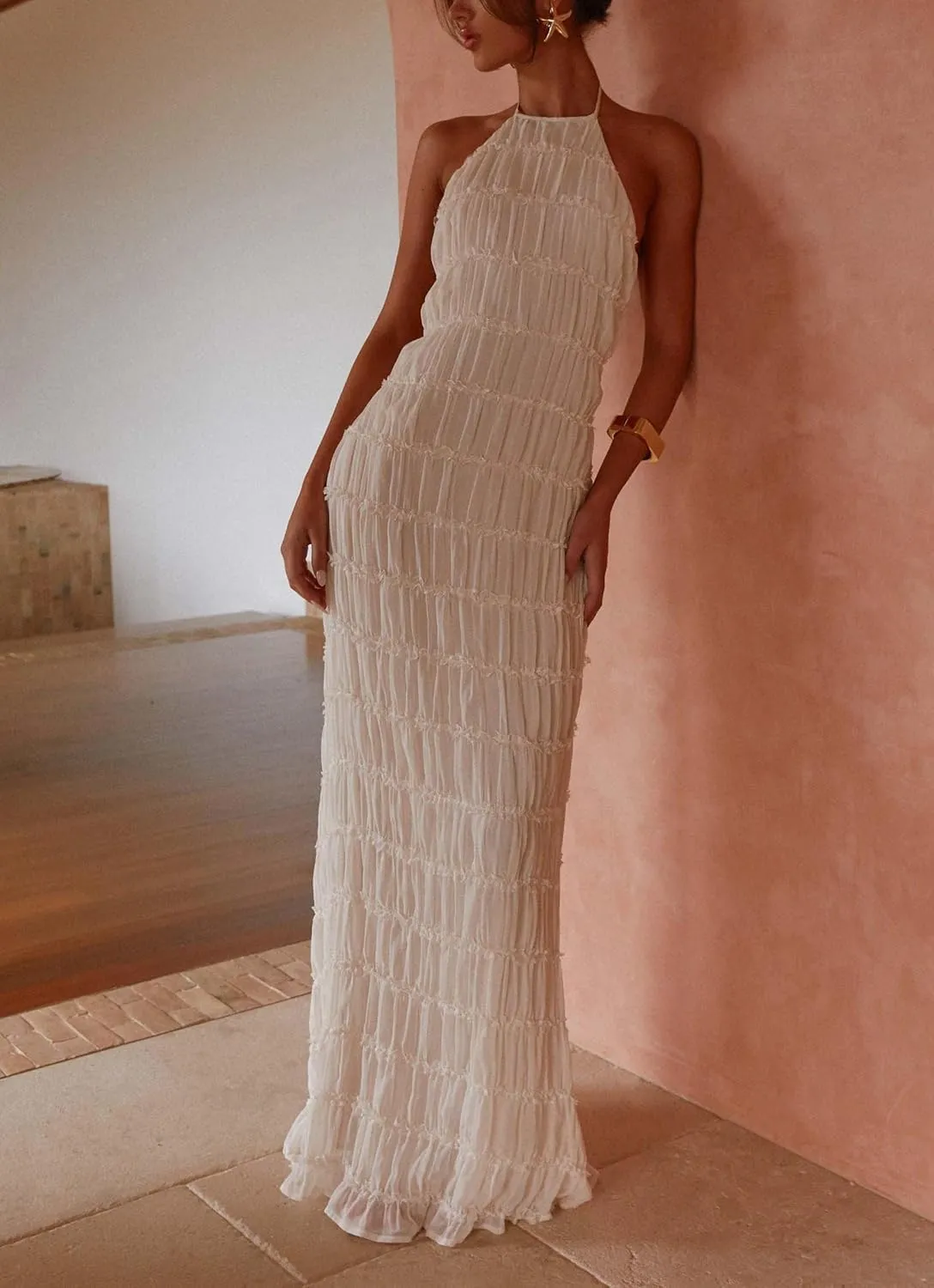 Women's Backless Smocked Maxi Dress Sexy Spaghetti Strap Cut Out Flowy Beach Long Dress Vacation Casual Sundresses