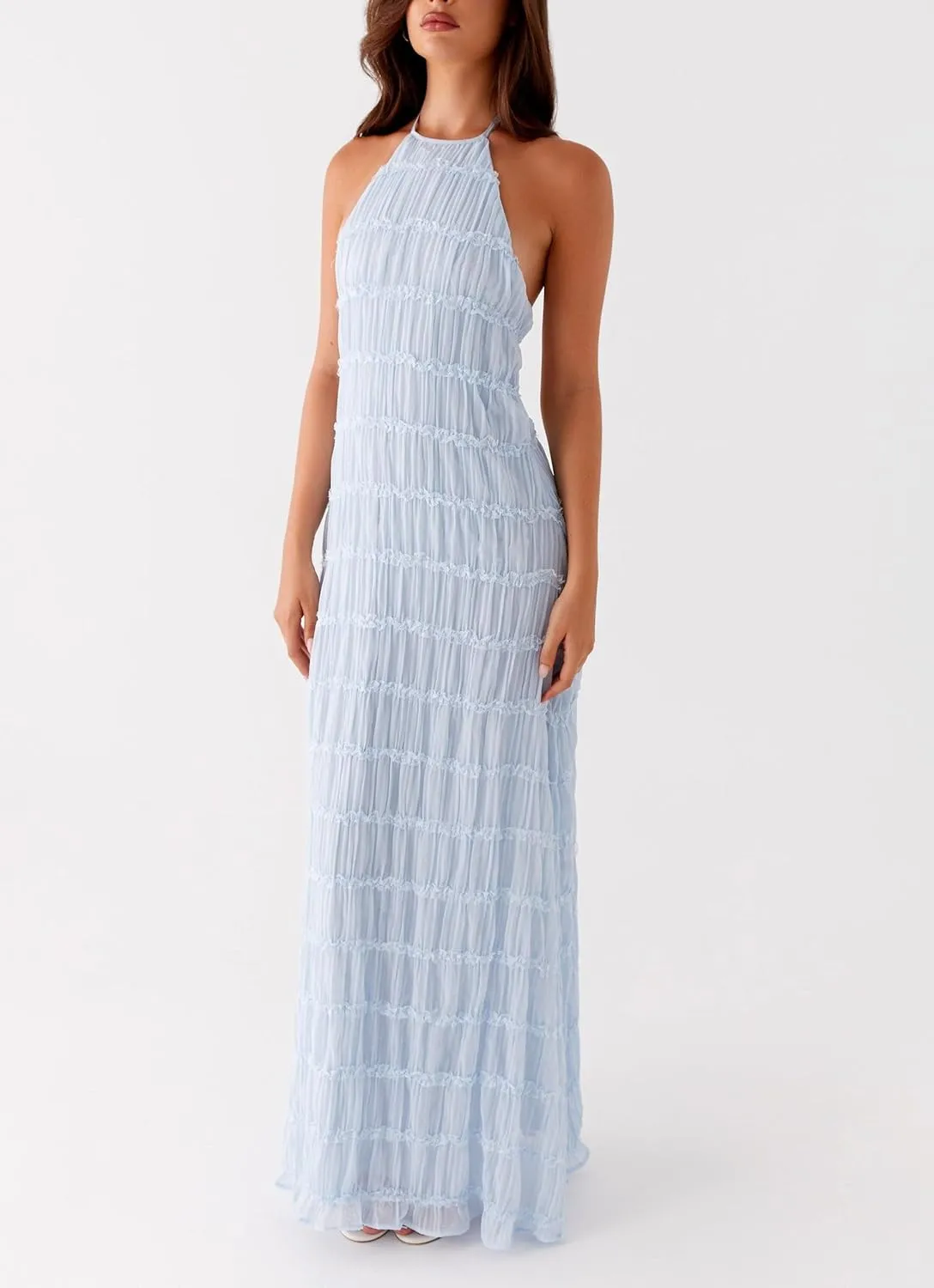 Women's Backless Smocked Maxi Dress Sexy Spaghetti Strap Cut Out Flowy Beach Long Dress Vacation Casual Sundresses