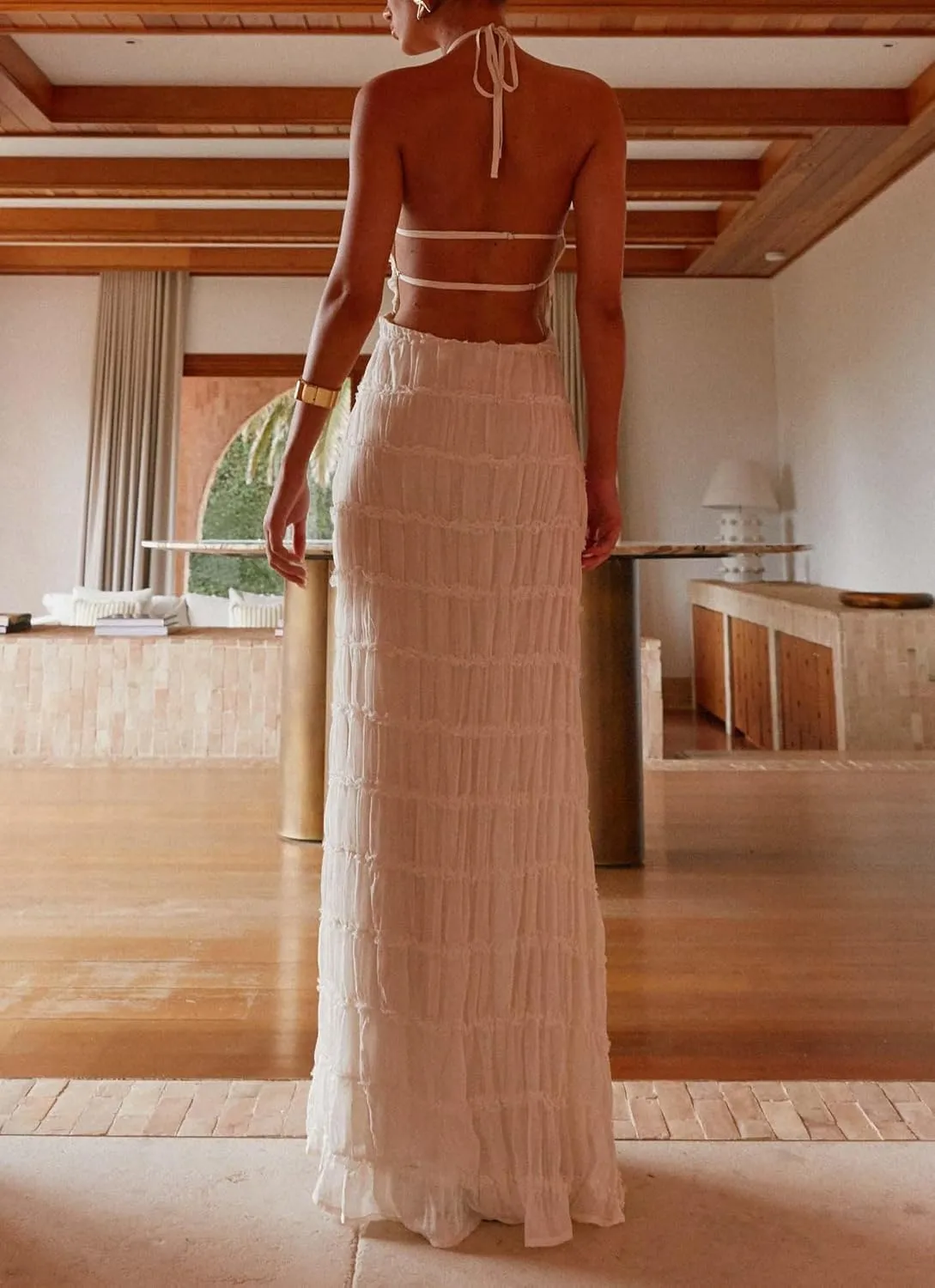 Women's Backless Smocked Maxi Dress Sexy Spaghetti Strap Cut Out Flowy Beach Long Dress Vacation Casual Sundresses