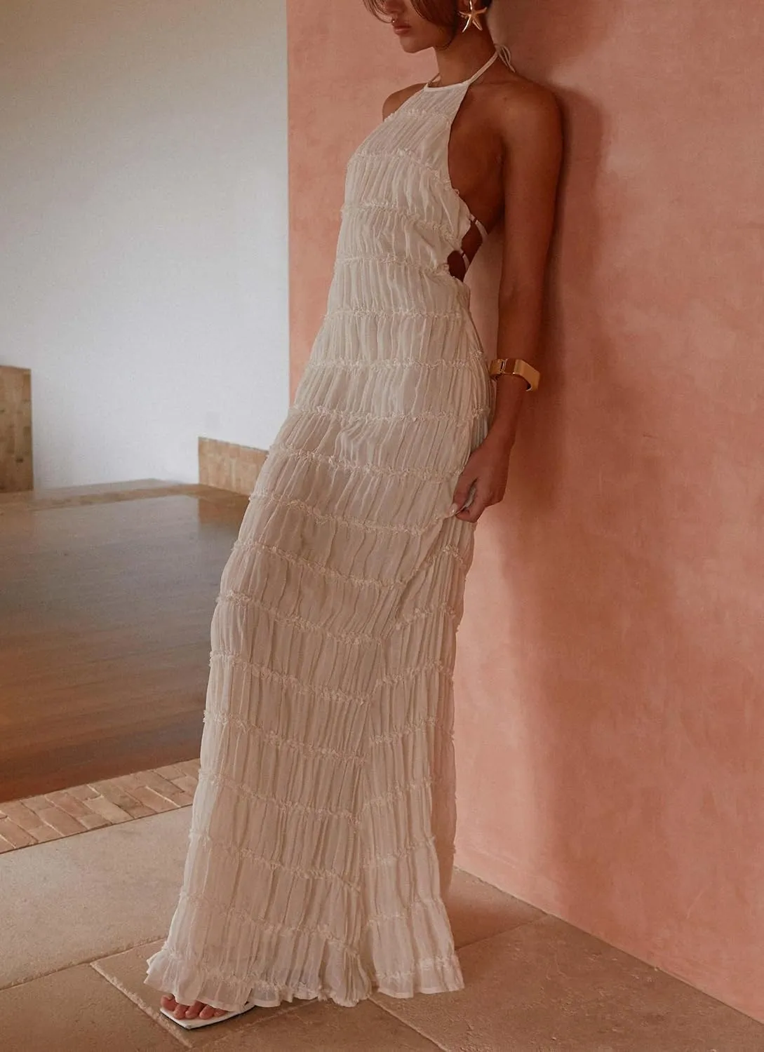 Women's Backless Smocked Maxi Dress Sexy Spaghetti Strap Cut Out Flowy Beach Long Dress Vacation Casual Sundresses