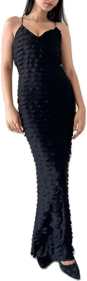 Women's Backless Smocked Maxi Dress Sexy Spaghetti Strap Cut Out Flowy Beach Long Dress Vacation Casual Sundresses
