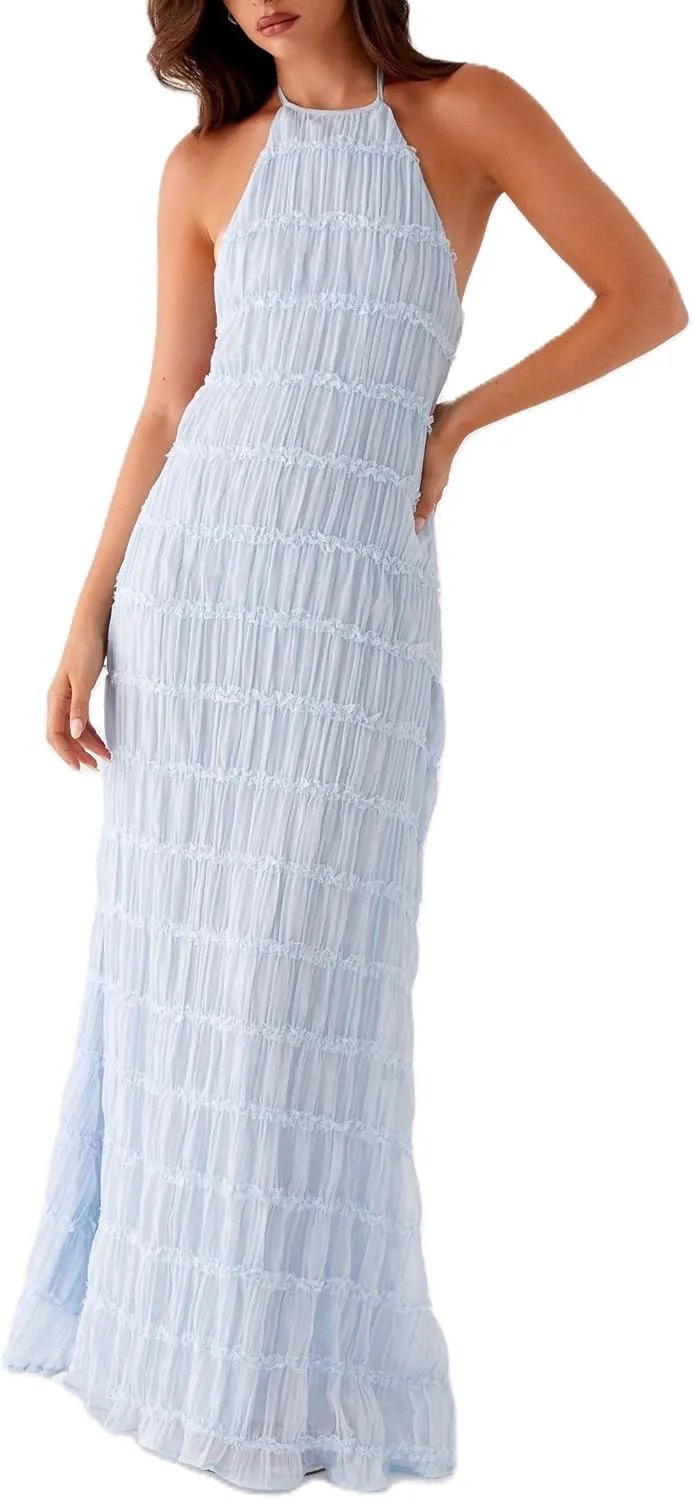 Women's Backless Smocked Maxi Dress Sexy Spaghetti Strap Cut Out Flowy Beach Long Dress Vacation Casual Sundresses