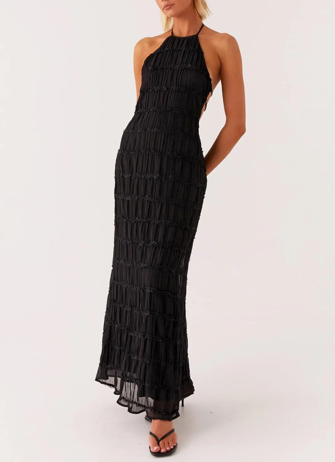 Women's Backless Smocked Maxi Dress Sexy Spaghetti Strap Cut Out Flowy Beach Long Dress Vacation Casual Sundresses