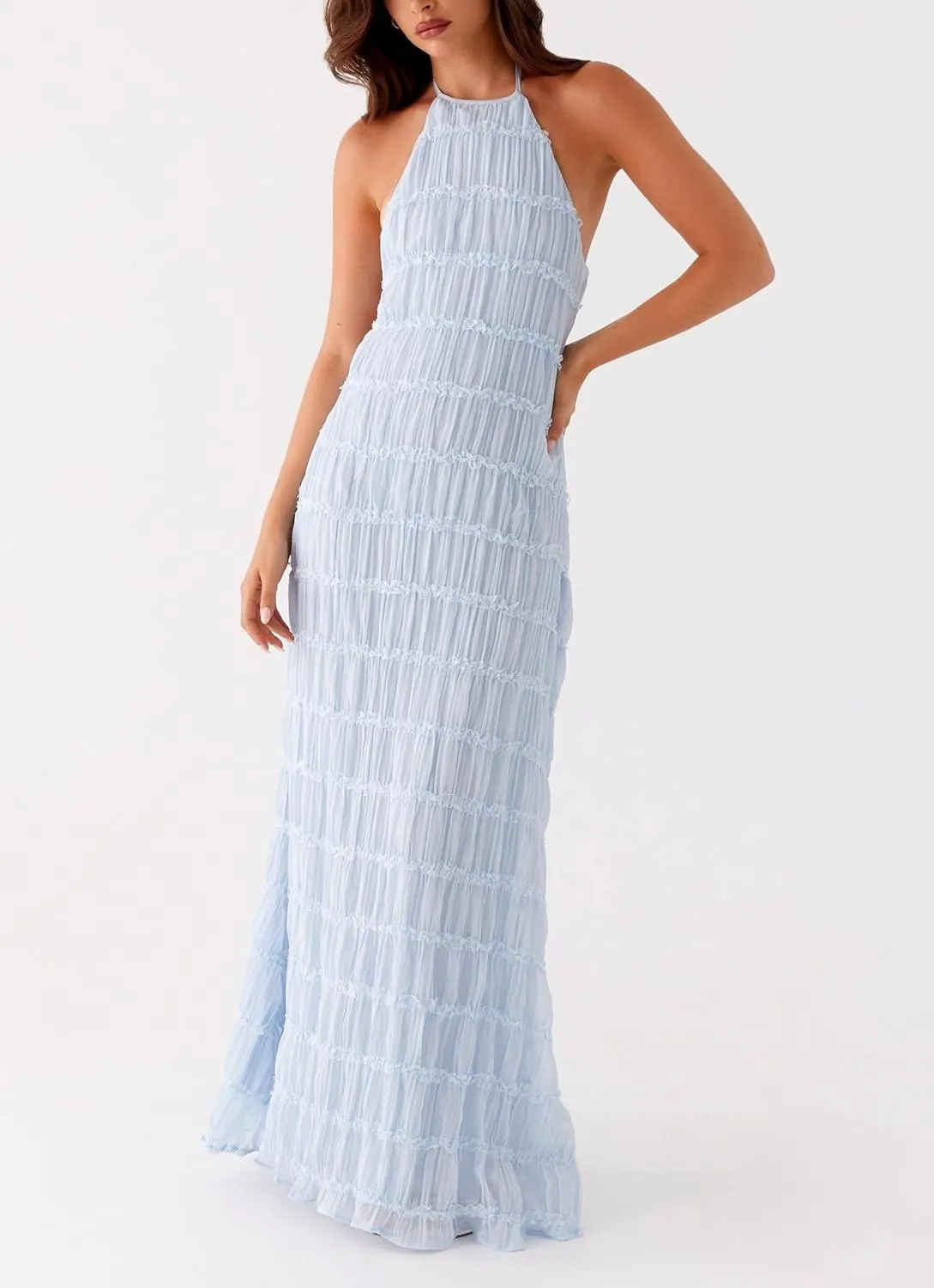 Women's Backless Smocked Maxi Dress Sexy Spaghetti Strap Cut Out Flowy Beach Long Dress Vacation Casual Sundresses