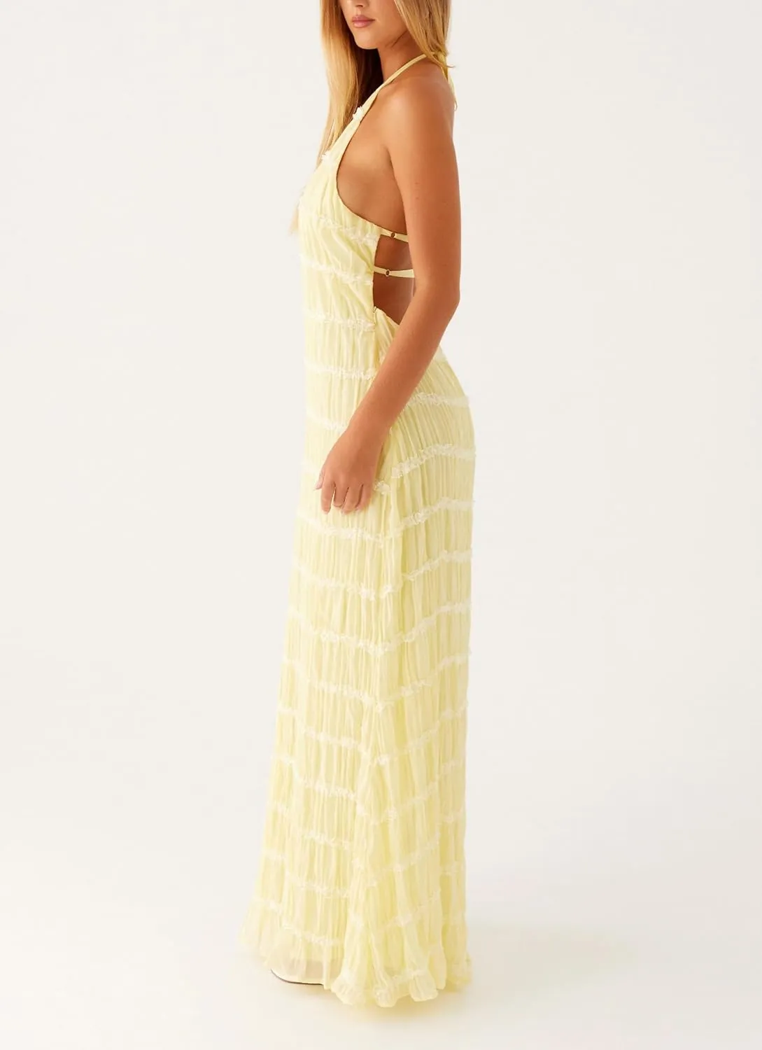 Women's Backless Smocked Maxi Dress Sexy Spaghetti Strap Cut Out Flowy Beach Long Dress Vacation Casual Sundresses