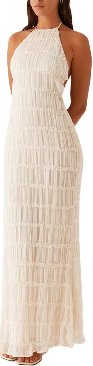 Women's Backless Smocked Maxi Dress Sexy Spaghetti Strap Cut Out Flowy Beach Long Dress Vacation Casual Sundresses