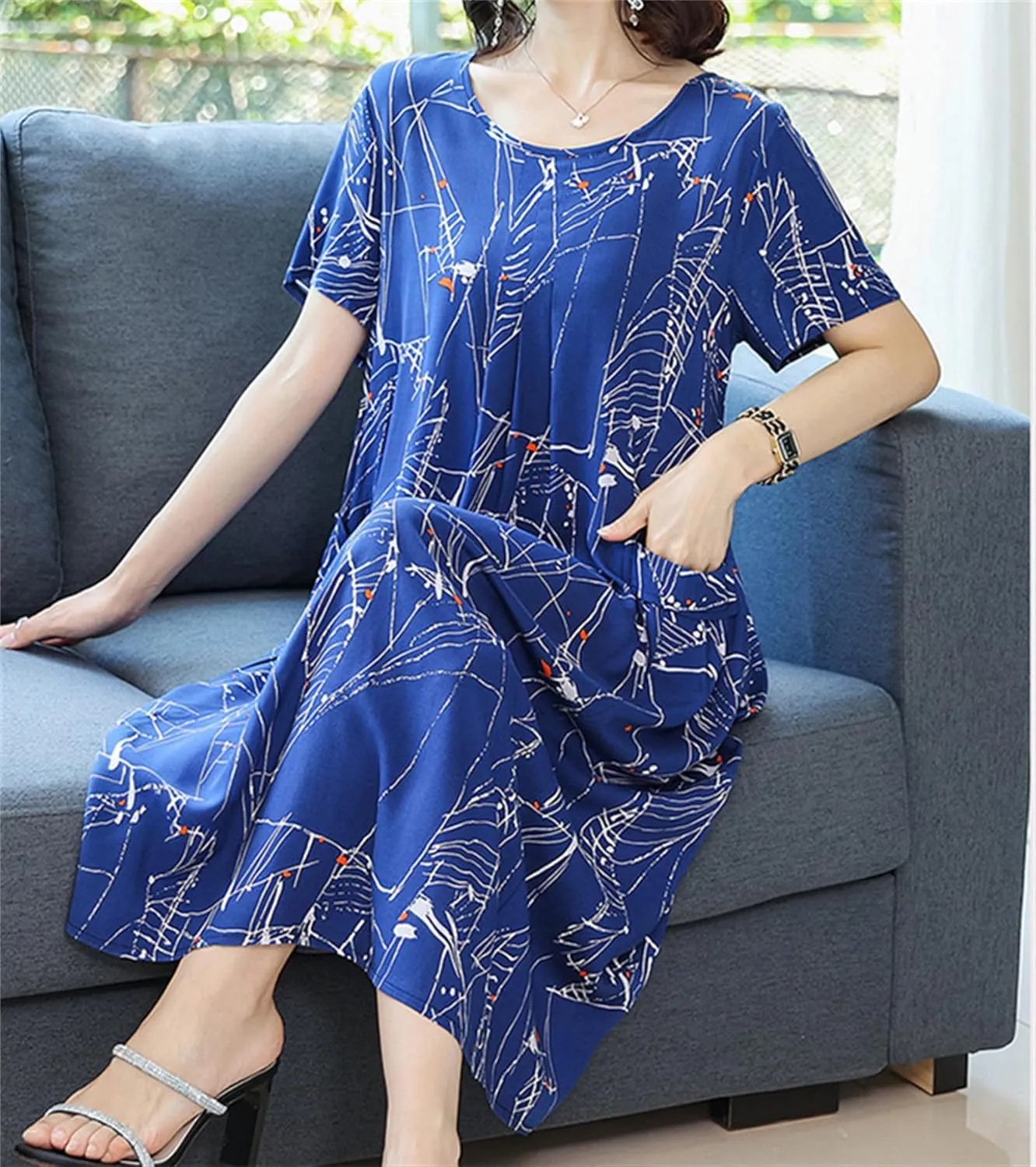Womens Boho Floral Printed Plus Size Midi Dress Crew Neck Short Sleeve Loose Casual Summer Dress with Pockets