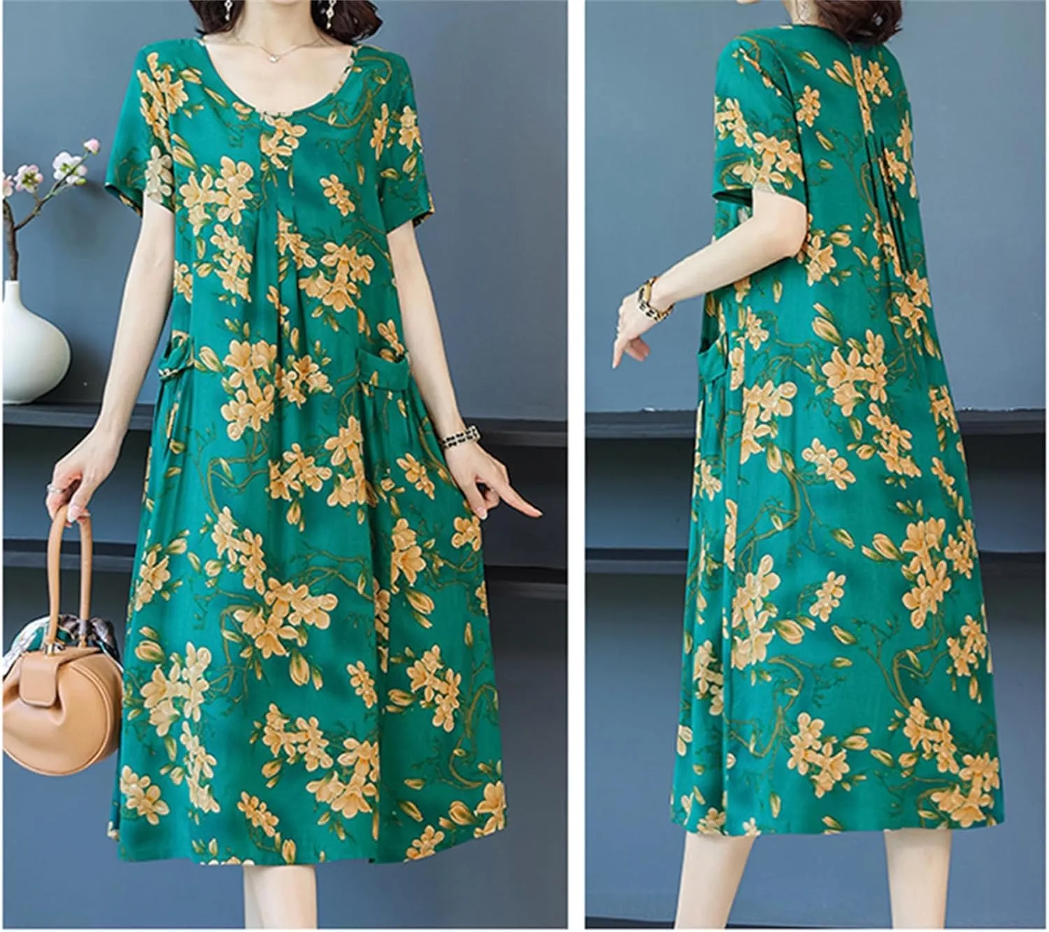Womens Boho Floral Printed Plus Size Midi Dress Crew Neck Short Sleeve Loose Casual Summer Dress with Pockets