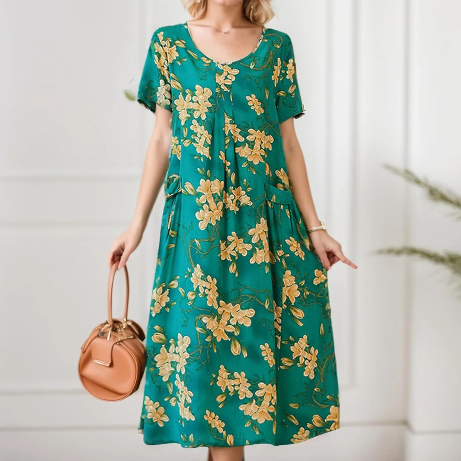Womens Boho Floral Printed Plus Size Midi Dress Crew Neck Short Sleeve Loose Casual Summer Dress with Pockets