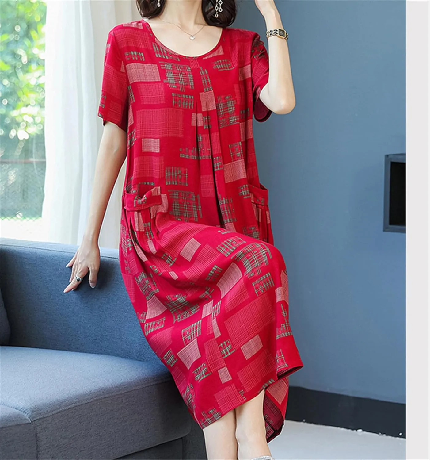 Womens Boho Floral Printed Plus Size Midi Dress Crew Neck Short Sleeve Loose Casual Summer Dress with Pockets