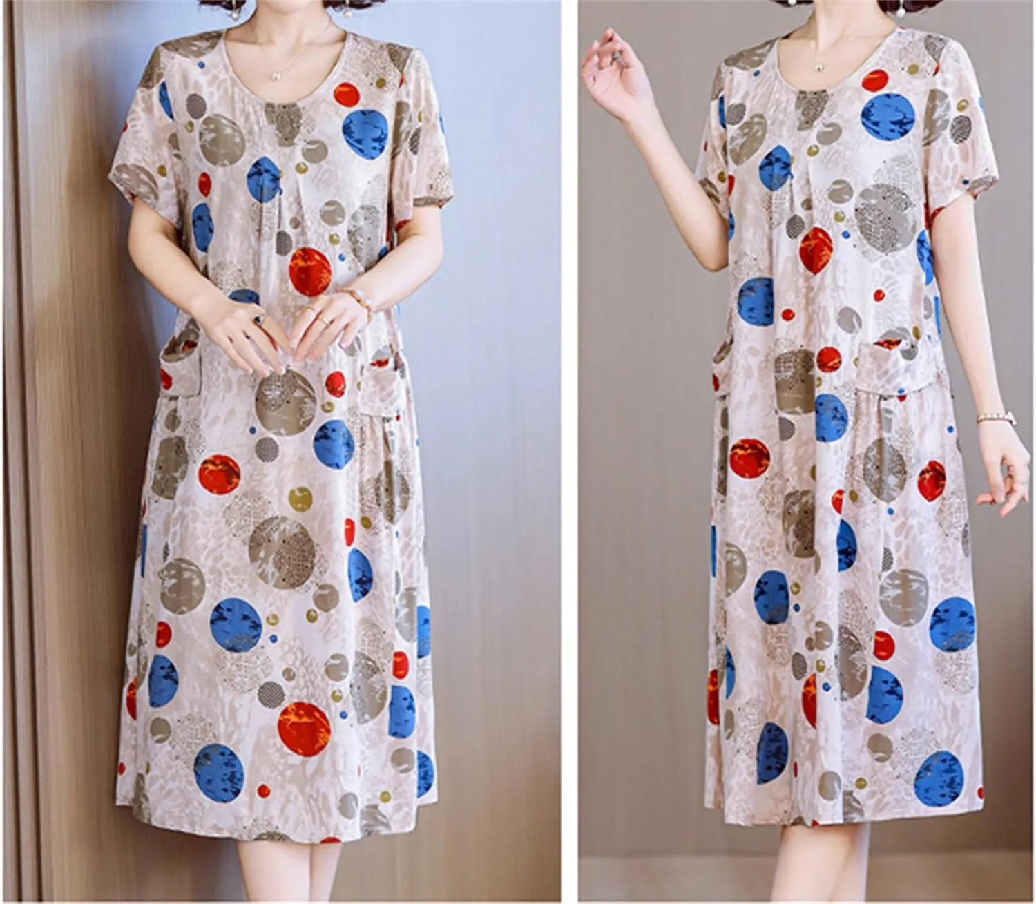Womens Boho Floral Printed Plus Size Midi Dress Crew Neck Short Sleeve Loose Casual Summer Dress with Pockets