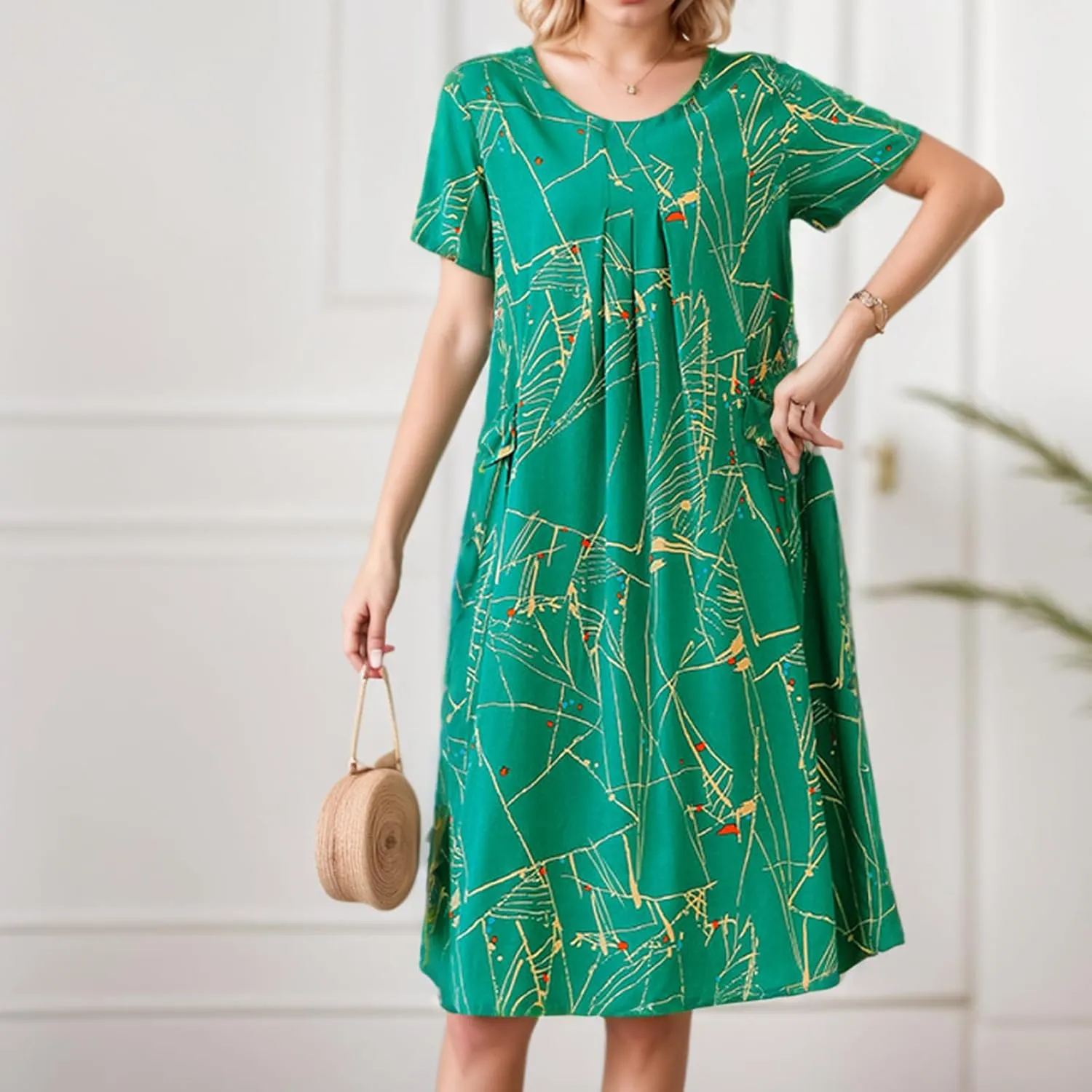 Womens Boho Floral Printed Plus Size Midi Dress Crew Neck Short Sleeve Loose Casual Summer Dress with Pockets