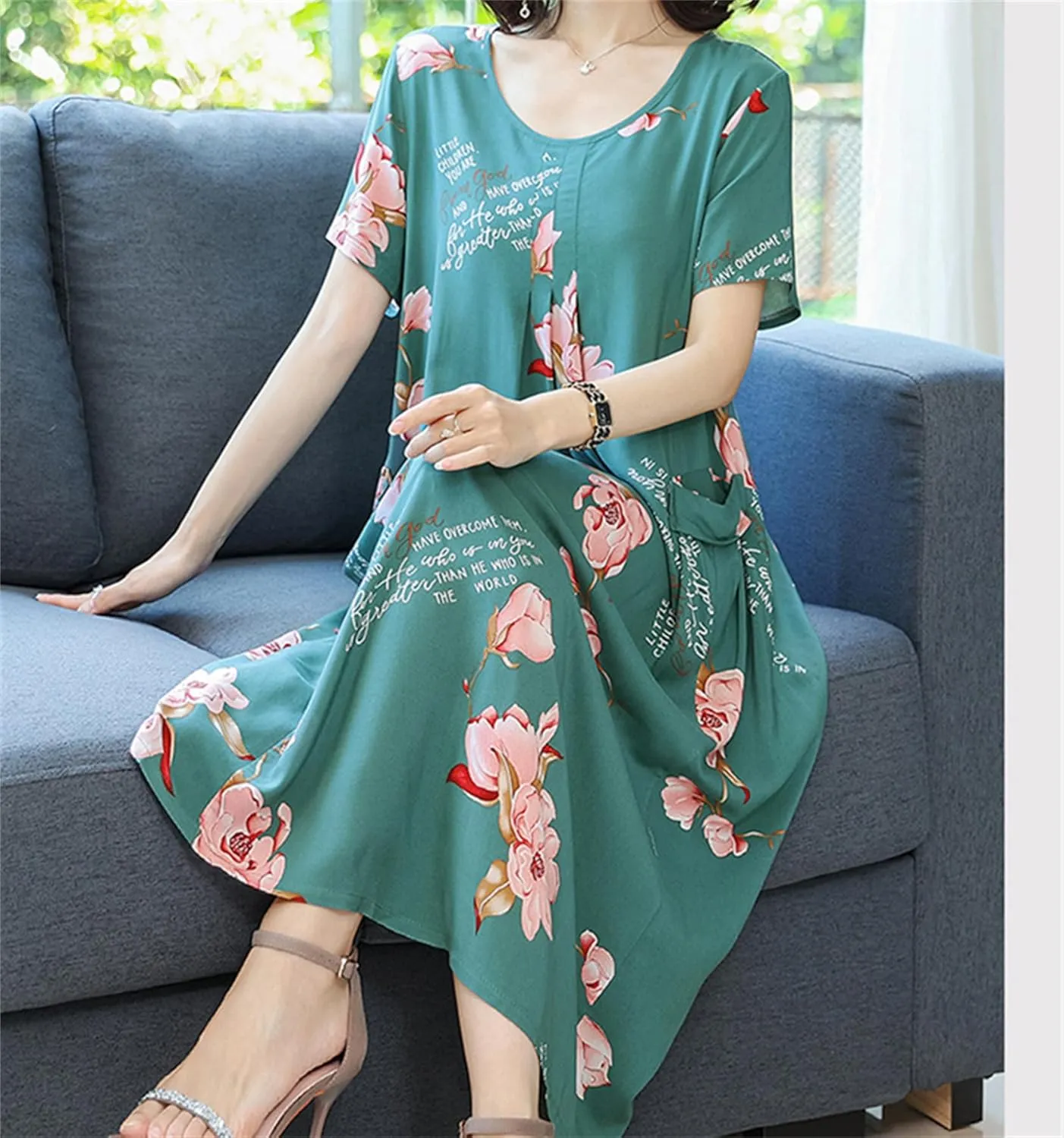 Womens Boho Floral Printed Plus Size Midi Dress Crew Neck Short Sleeve Loose Casual Summer Dress with Pockets