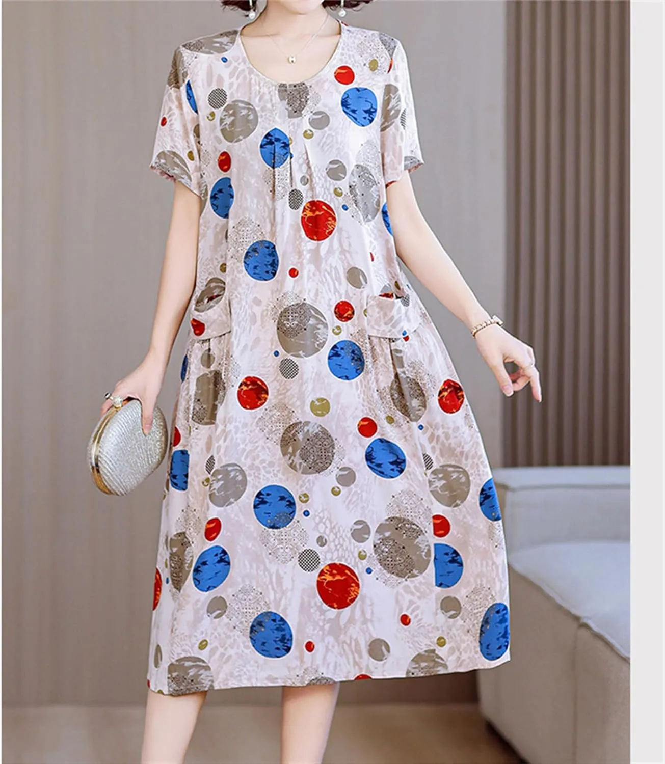 Womens Boho Floral Printed Plus Size Midi Dress Crew Neck Short Sleeve Loose Casual Summer Dress with Pockets