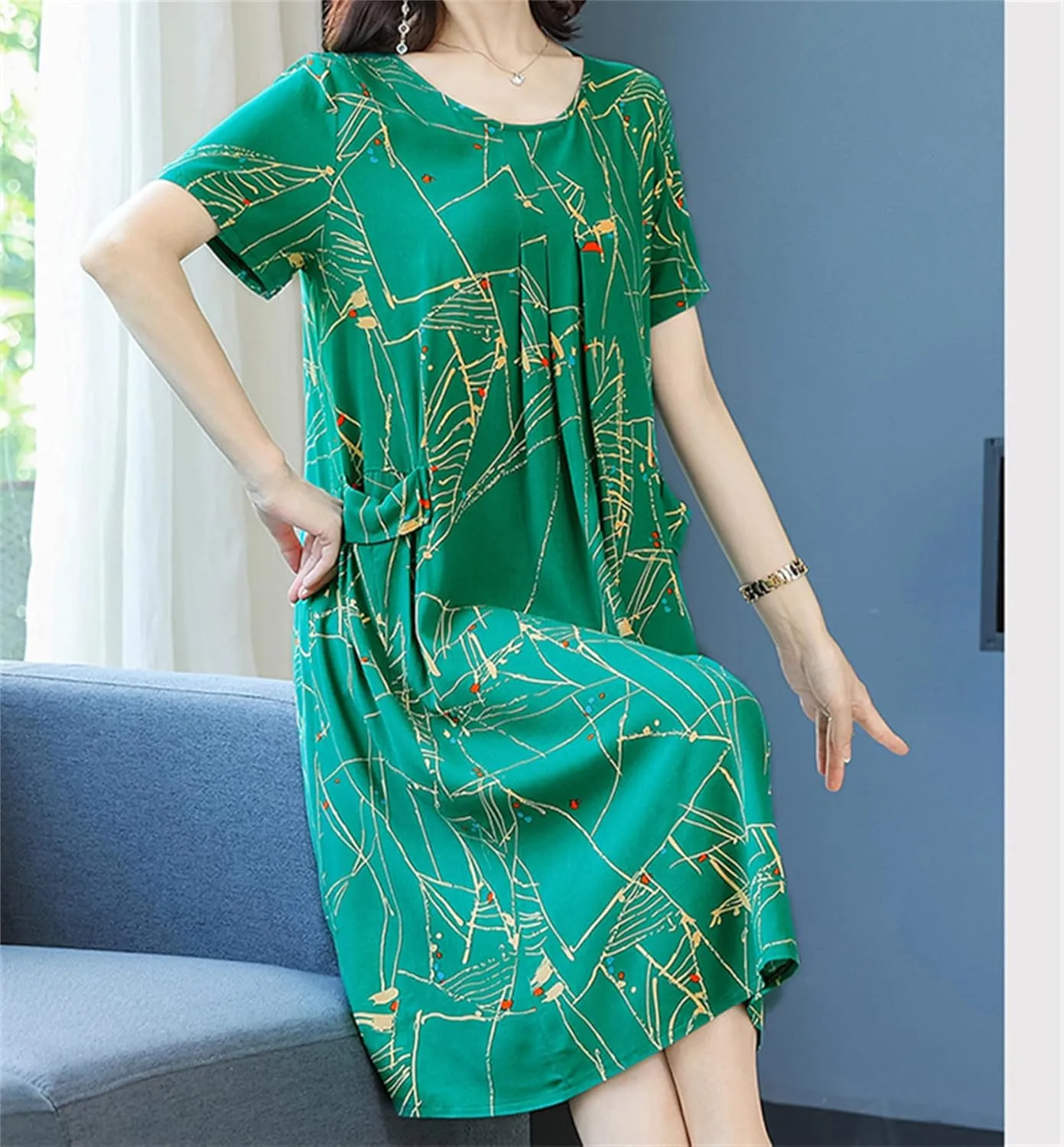 Womens Boho Floral Printed Plus Size Midi Dress Crew Neck Short Sleeve Loose Casual Summer Dress with Pockets