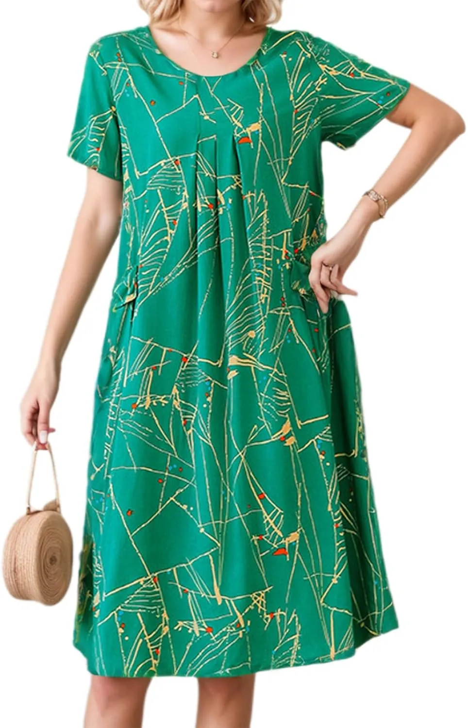 Womens Boho Floral Printed Plus Size Midi Dress Crew Neck Short Sleeve Loose Casual Summer Dress with Pockets