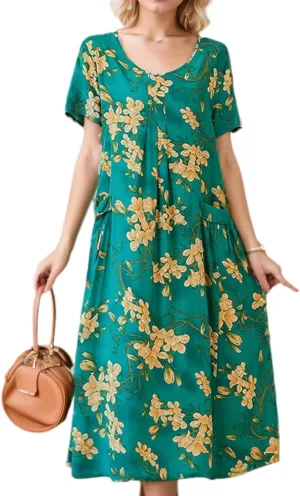 Womens Boho Floral Printed Plus Size Midi Dress Crew Neck Short Sleeve Loose Casual Summer Dress with Pockets