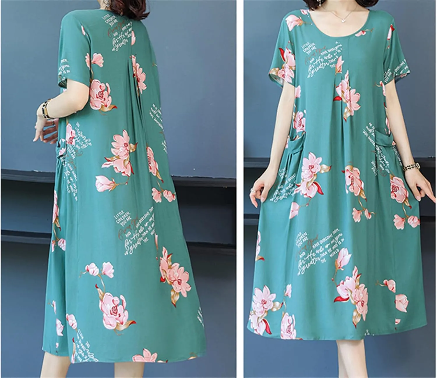 Womens Boho Floral Printed Plus Size Midi Dress Crew Neck Short Sleeve Loose Casual Summer Dress with Pockets