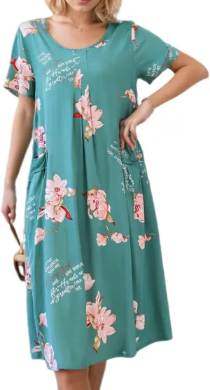 Womens Boho Floral Printed Plus Size Midi Dress Crew Neck Short Sleeve Loose Casual Summer Dress with Pockets