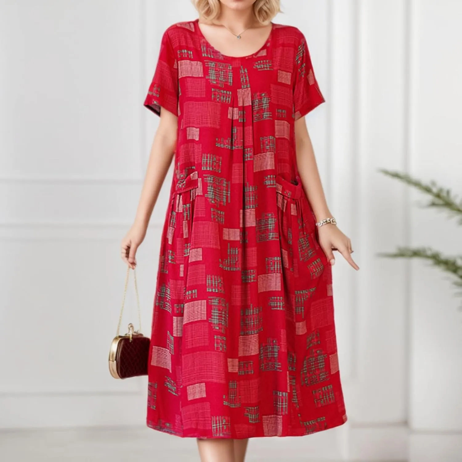 Womens Boho Floral Printed Plus Size Midi Dress Crew Neck Short Sleeve Loose Casual Summer Dress with Pockets