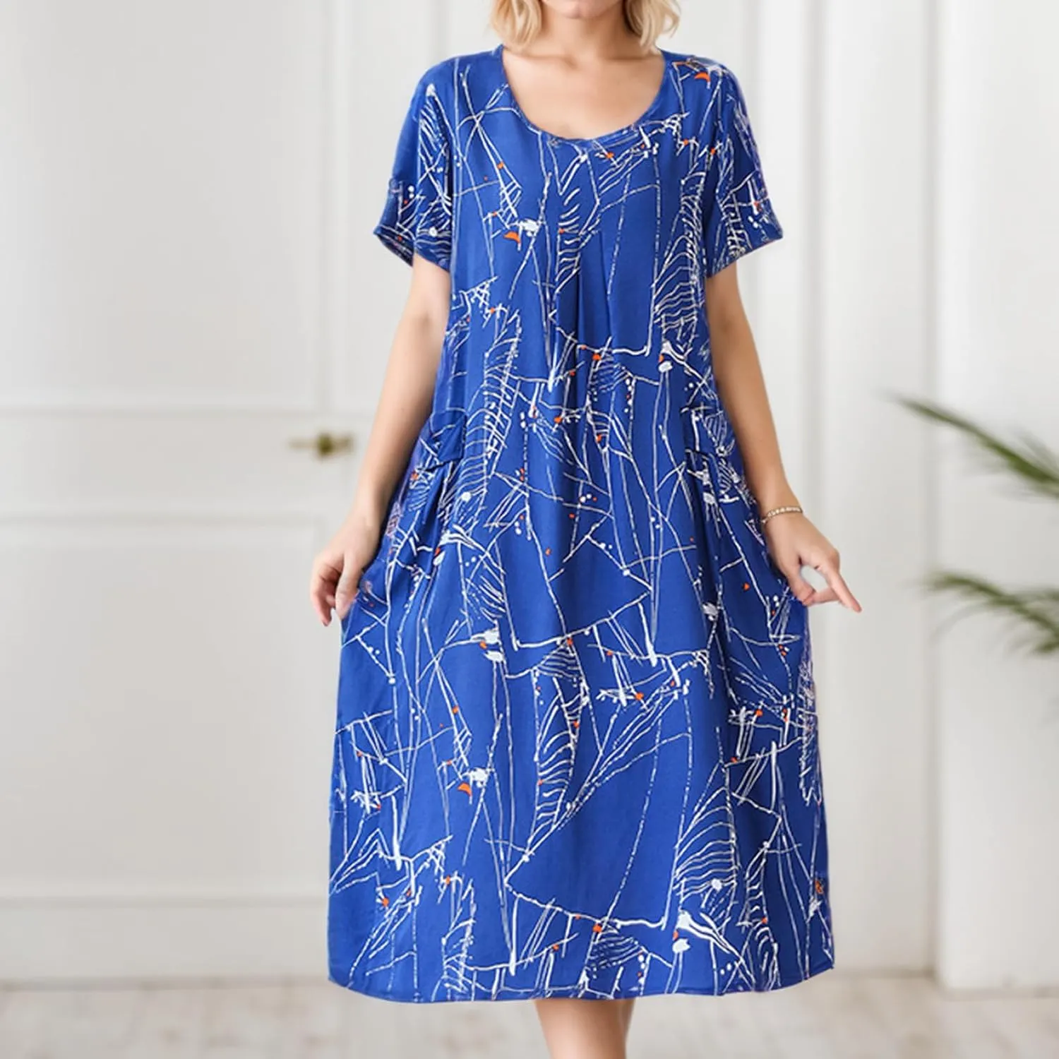 Womens Boho Floral Printed Plus Size Midi Dress Crew Neck Short Sleeve Loose Casual Summer Dress with Pockets