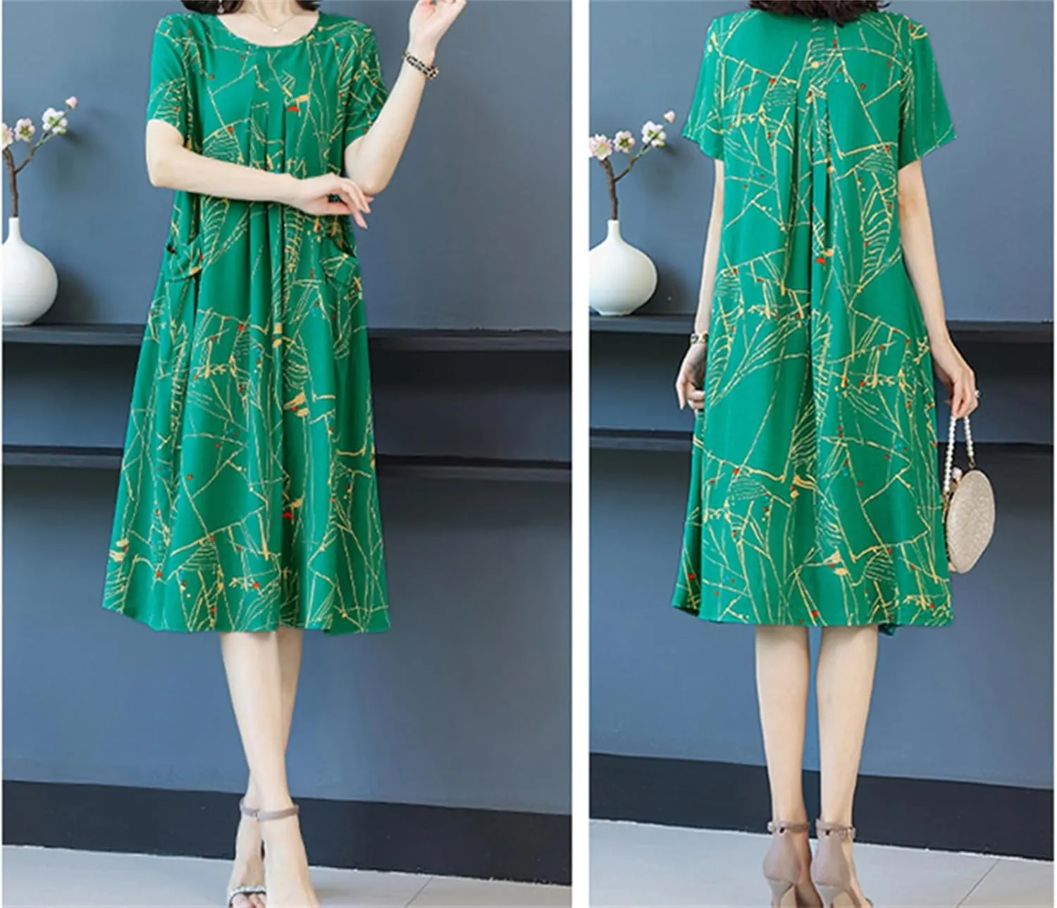 Womens Boho Floral Printed Plus Size Midi Dress Crew Neck Short Sleeve Loose Casual Summer Dress with Pockets