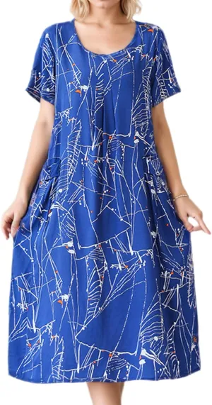 Womens Boho Floral Printed Plus Size Midi Dress Crew Neck Short Sleeve Loose Casual Summer Dress with Pockets