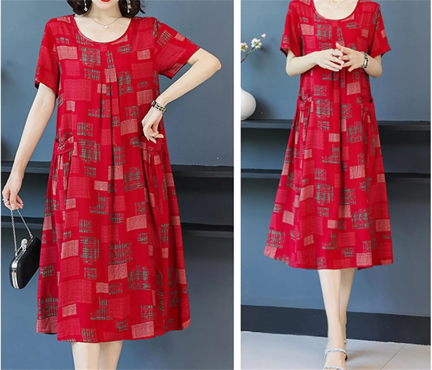 Womens Boho Floral Printed Plus Size Midi Dress Crew Neck Short Sleeve Loose Casual Summer Dress with Pockets