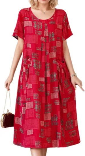 Womens Boho Floral Printed Plus Size Midi Dress Crew Neck Short Sleeve Loose Casual Summer Dress with Pockets