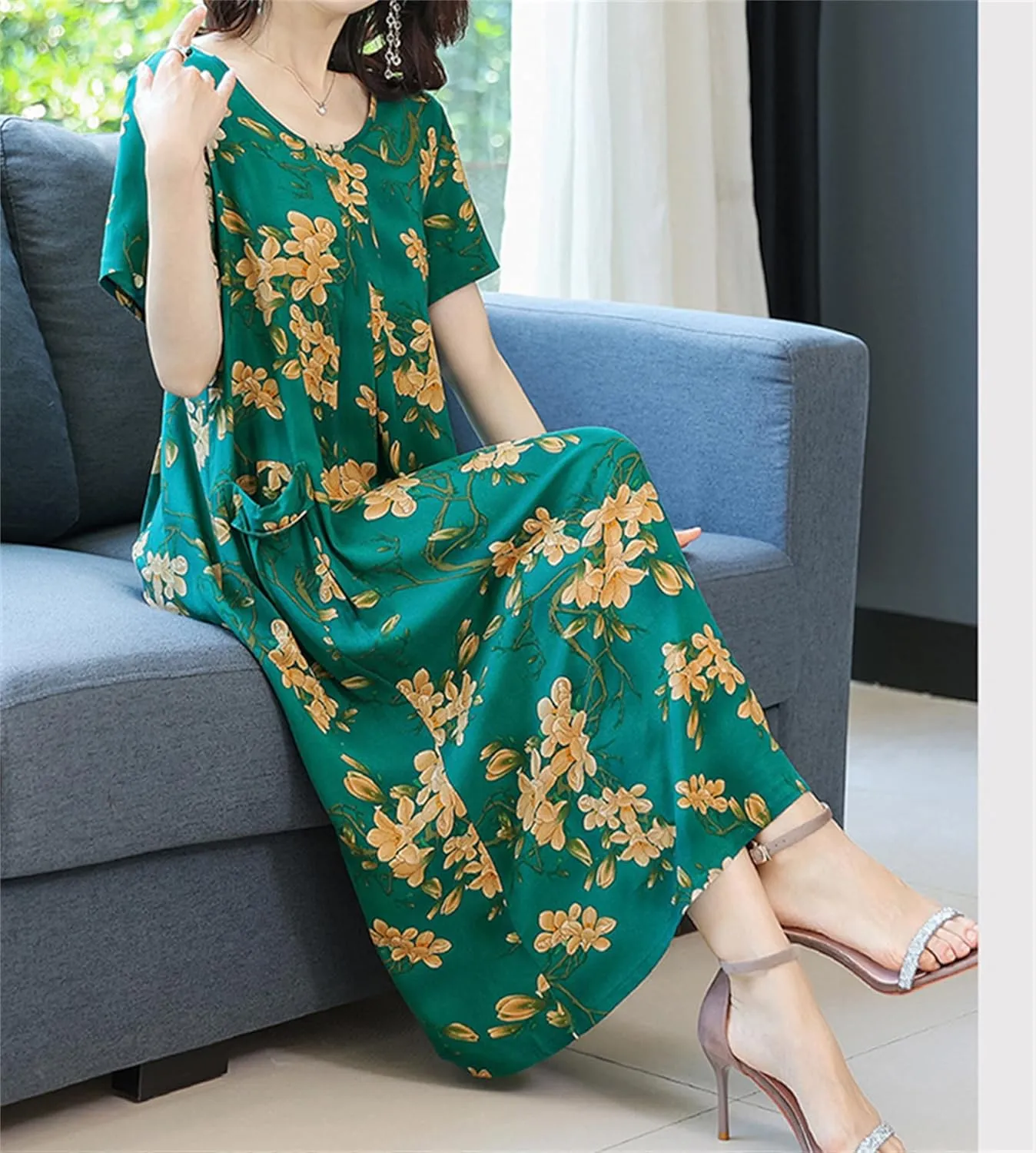Womens Boho Floral Printed Plus Size Midi Dress Crew Neck Short Sleeve Loose Casual Summer Dress with Pockets