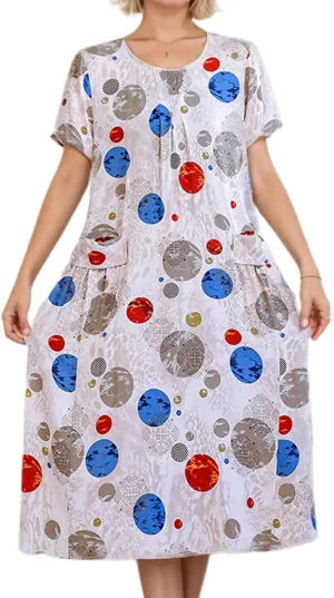 Womens Boho Floral Printed Plus Size Midi Dress Crew Neck Short Sleeve Loose Casual Summer Dress with Pockets