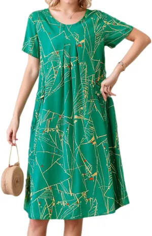 Womens Boho Floral Printed Plus Size Midi Dress Crew Neck Short Sleeve Loose Casual Summer Dress with Pockets