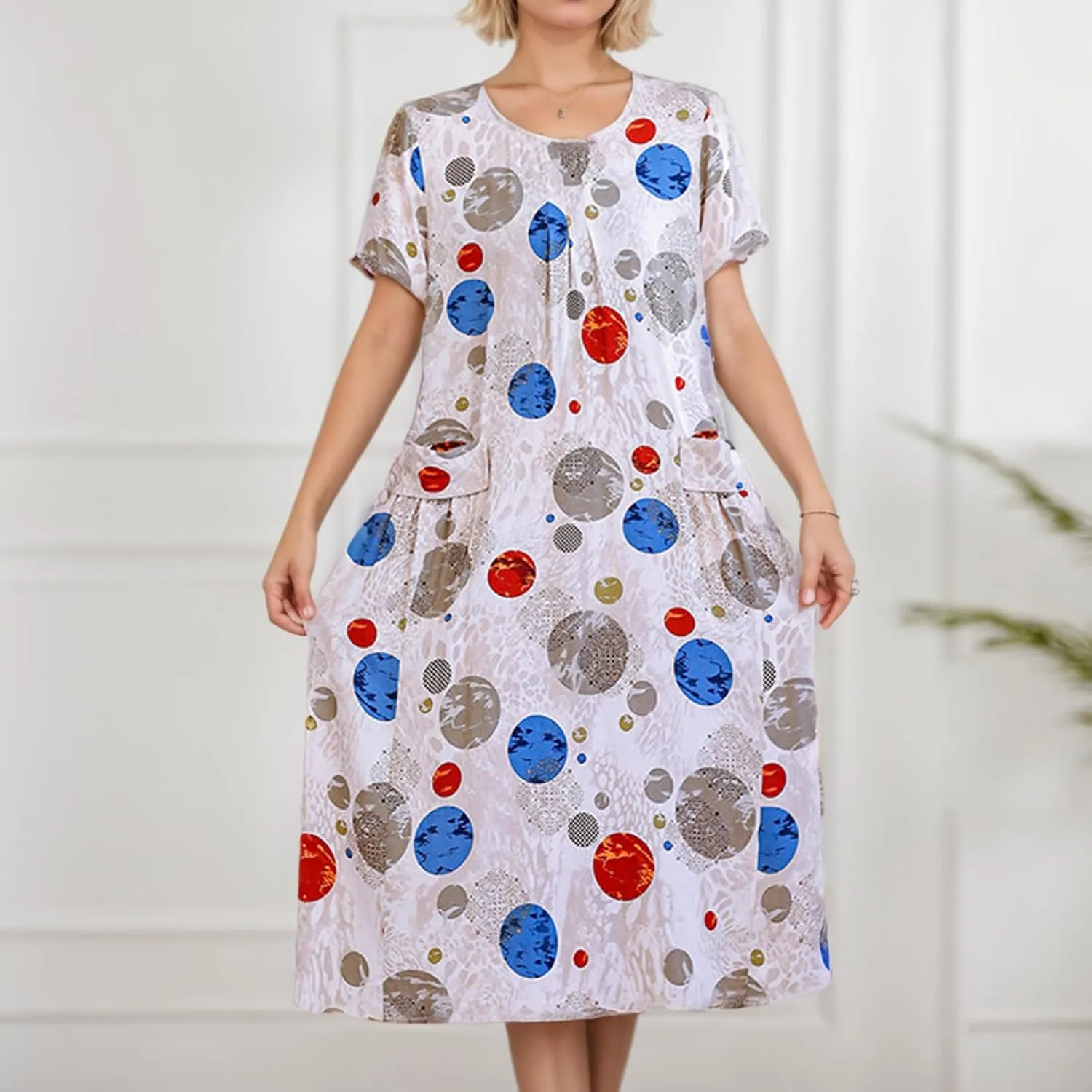 Womens Boho Floral Printed Plus Size Midi Dress Crew Neck Short Sleeve Loose Casual Summer Dress with Pockets