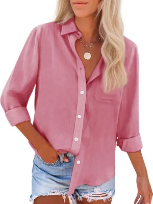 Womens Button Down Shirts Cotton Dress Shirts Oxford Shirts Long Sleeve Work Blouses Collared Tops Tunics with Pocket