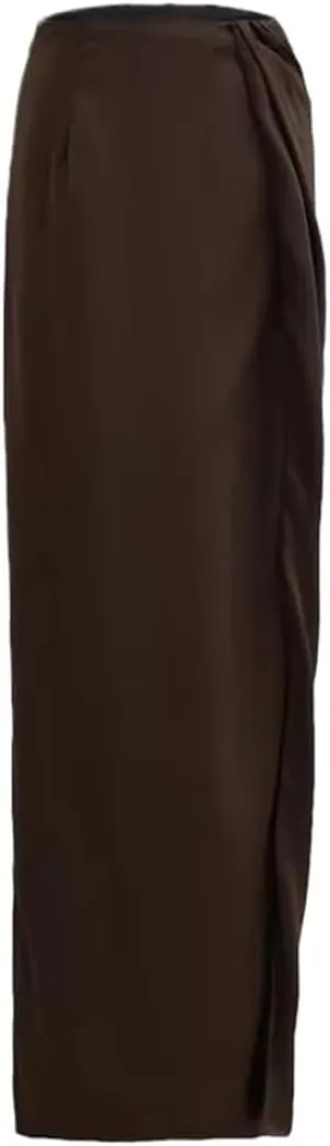 Women's Elegant Satin Pleated Midi Skirt with Zipper High Waist Slit Ankle-Length