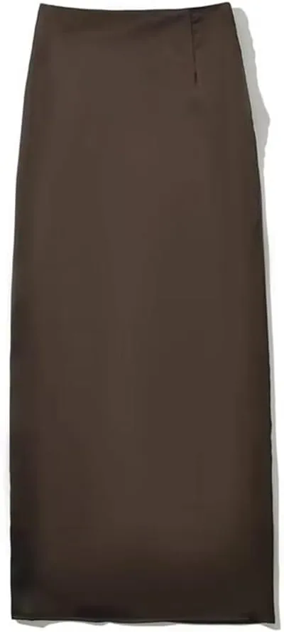 Women's Elegant Satin Pleated Midi Skirt with Zipper High Waist Slit Ankle-Length