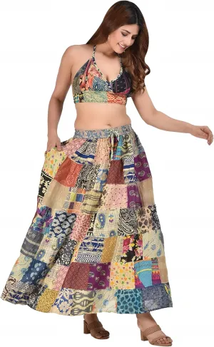 Women's Hippie Bohemian Patch Work All Time Hit Indian Cotton Gypsy Stylish Elastic Floral Print Maxi Long Skirts with Multicolor