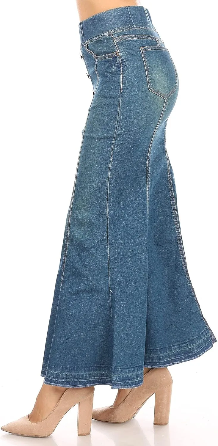 Women's Juniors/Plus Size Elastic Waist Mermaid Shape Denim Long Skirt (87900)