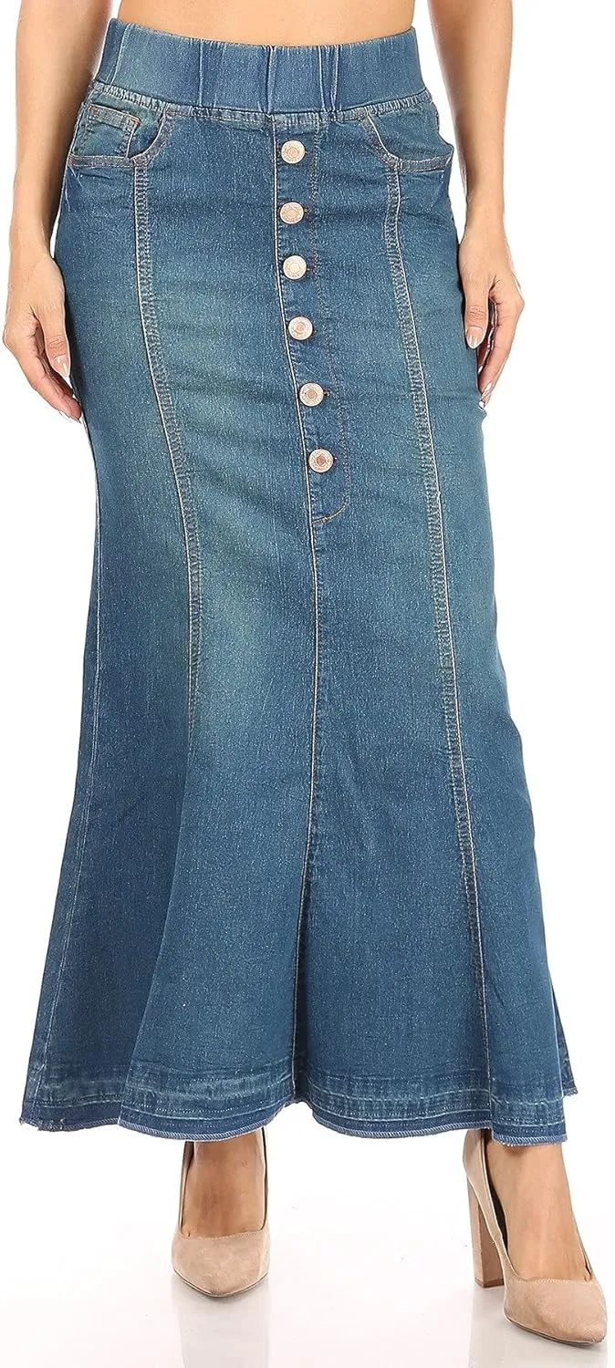 Women's Juniors/Plus Size Elastic Waist Mermaid Shape Denim Long Skirt (87900)